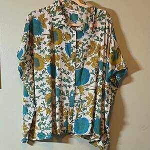 Natural Life Floral Block Print Kimomo Shirt Blue Green One Size